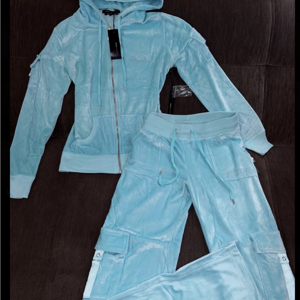 BCBG Blue Velour Tracksuit with flared low rise yoga pants